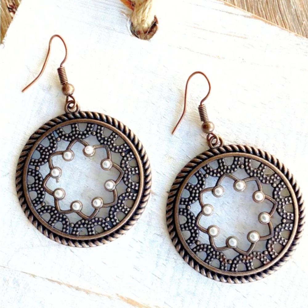 Bohemian Copper Bronze Pearl Circular Hollow out Earrings